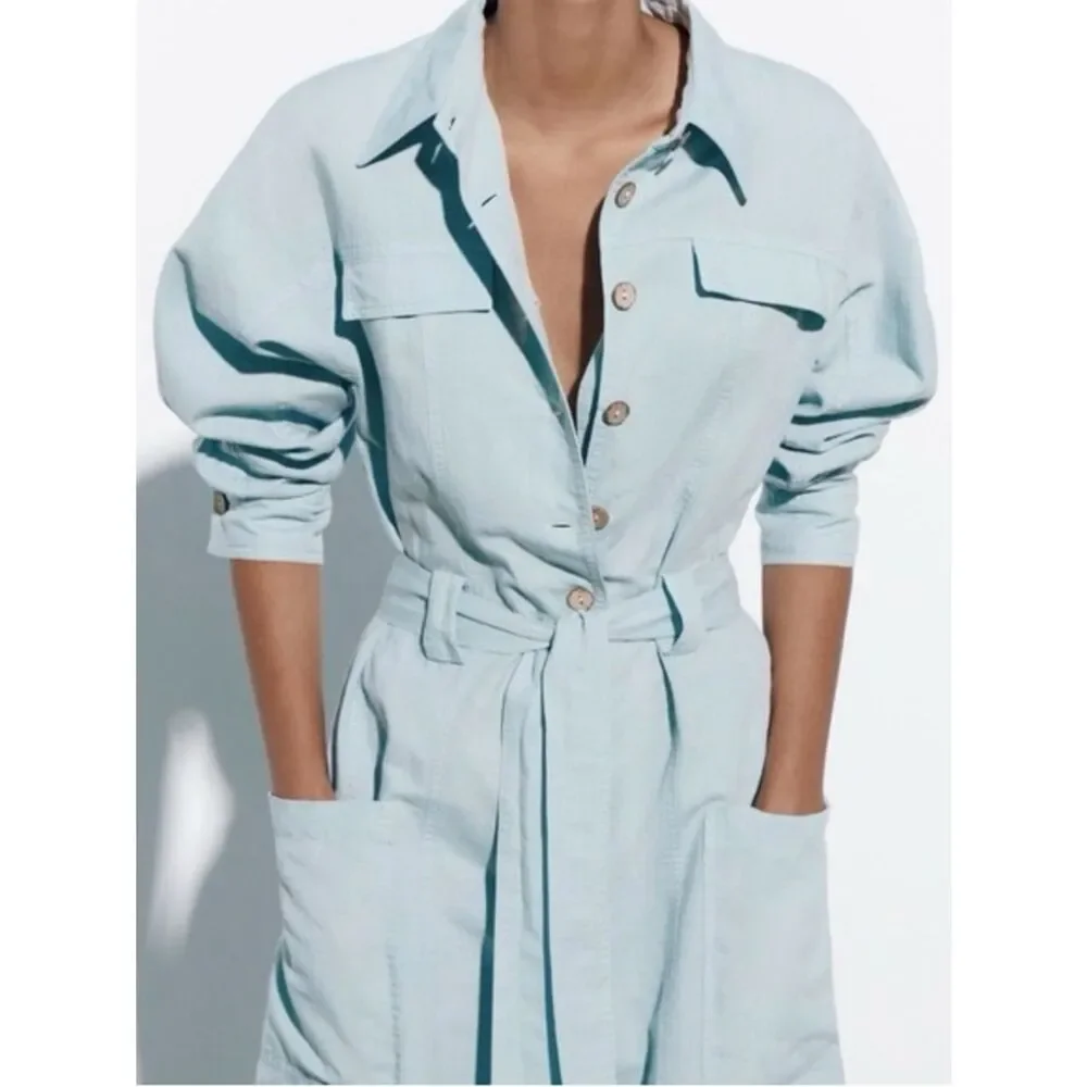 ZARA WIDE LINEN BLEND CARGO JUMPSUIT
